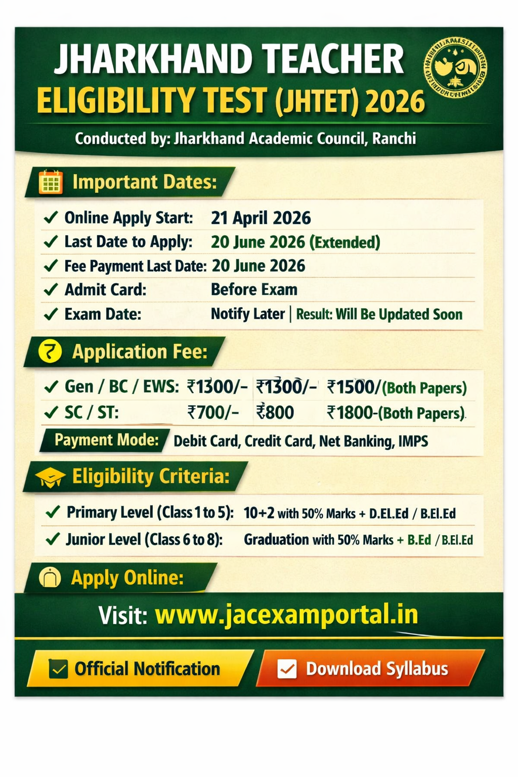 Jharkhand Teacher Eligibility Test Online Form 2026